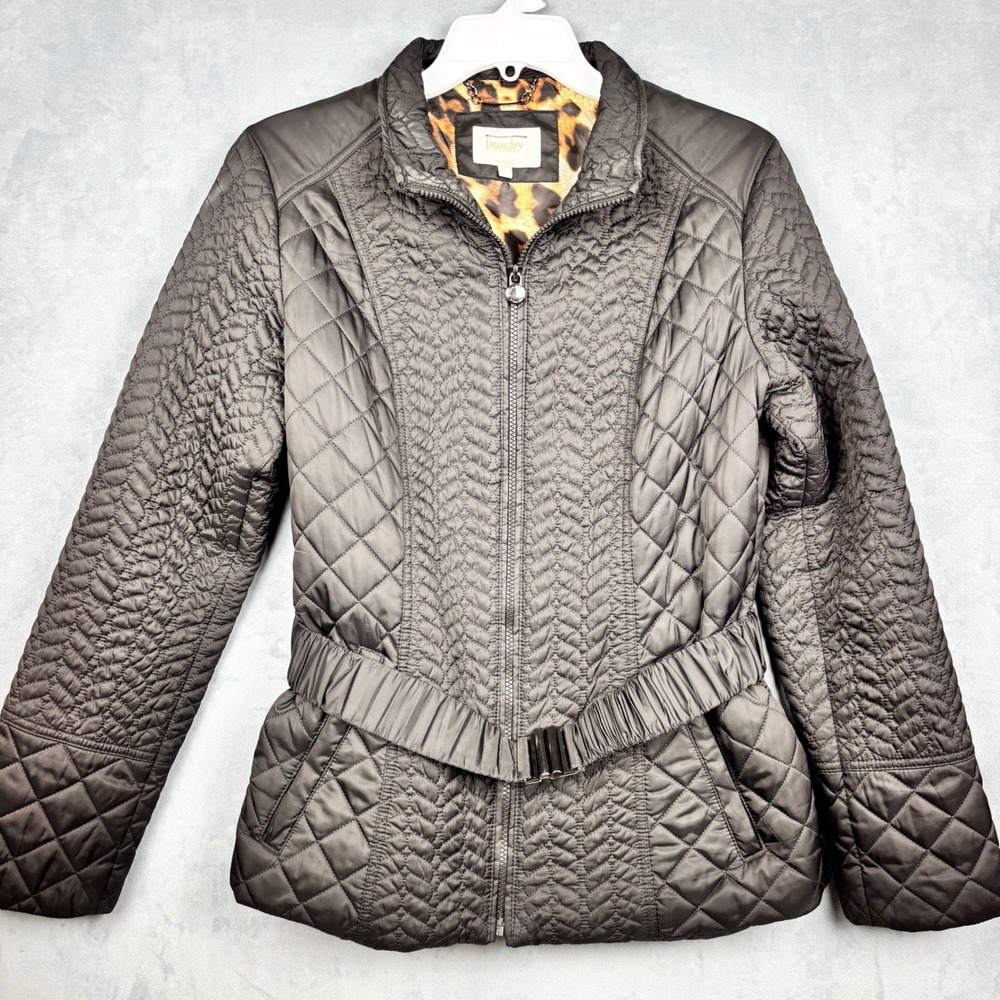 Laundry by Shelli Segal Gray Quilted Belted Jacket Leopard Print Lining Large